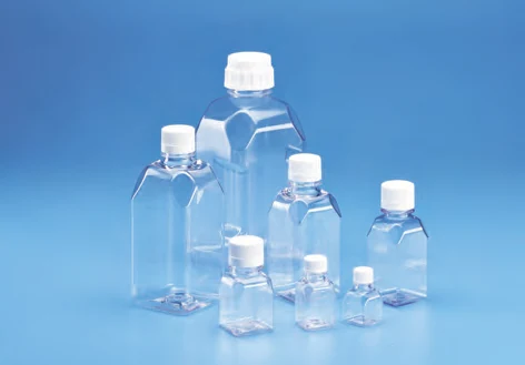 Sterile Square Graduated Media Bottle, PETG with white HDPE closure — catalogue illustration
