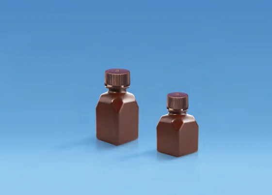 Amber Square Graduated Media Bottle, PETG with amber HDPE closure — catalogue illustration
