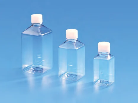 Sterile Individually Packed Square Graduated Media Bottles, PET with white HDPE Closure, Single Wrap. — catalogue illustration