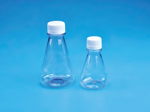 Sterile Erlenmeyer Cell Culture Flask flat base,  PETG with white HDPE closure - catalogue illustration