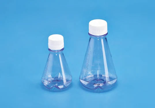 Sterile Erlenmeyer Cell Culture Flask baffled base, PETG with white HDPE closure — catalogue illustration