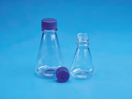 Sterile Erlenmeyer Cell Culture Flask flat base, PETG with Blue HDPE Vented closure — catalogue illustration