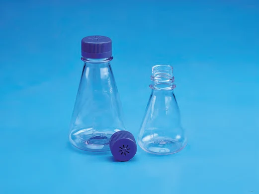 Sterile Erlenmeyer Cell Culture Flask, Flat base, PC with Blue HDPE Vented Closure — catalogue illustration