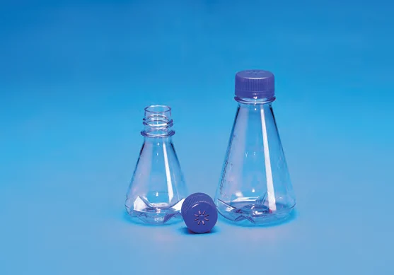 Sterile Erlenmeyer Cell Culture Flask, Baffled base, PC with Blue HDPE Vented Closure — catalogue illustration